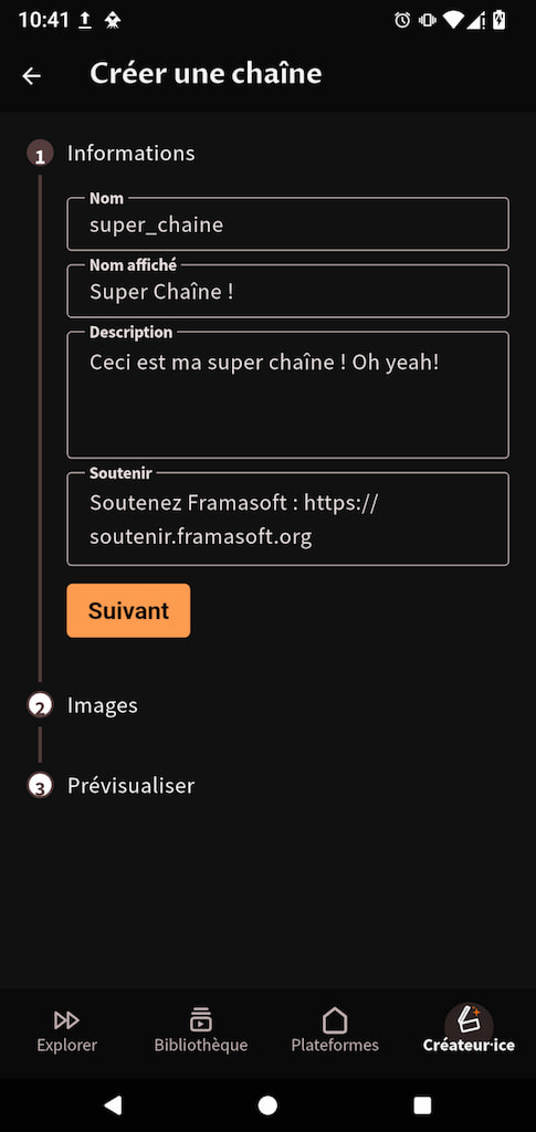 La page pour créer une nouvelle chaîne