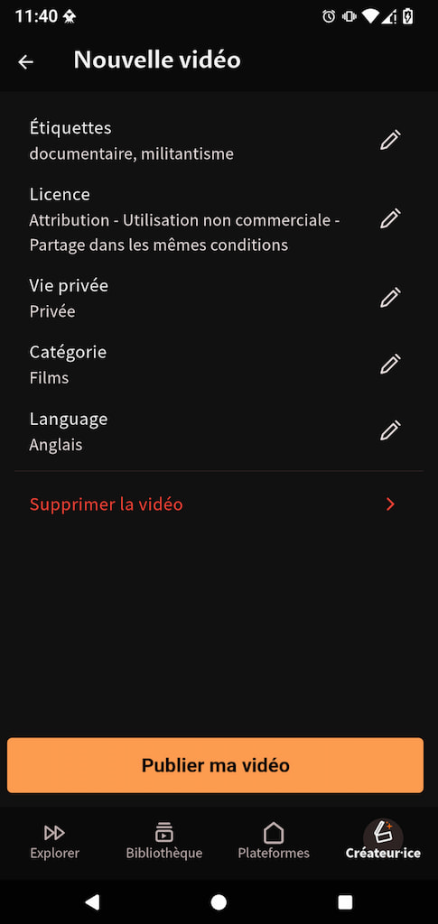 Le deuxième écran de la page pour ajouter une nouvelle vidéo